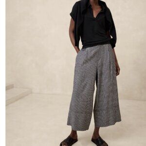 Linen-Blend Pull-On Wide-Leg Cropped Pant | Black Stripe | NWT | LG